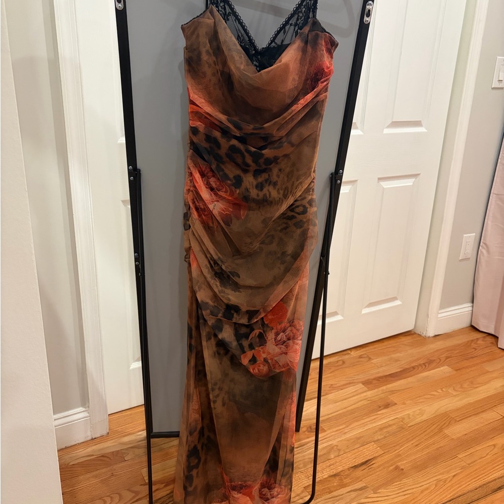 House of CB Leopard Floral Mesh Corset Maxi Dress XS